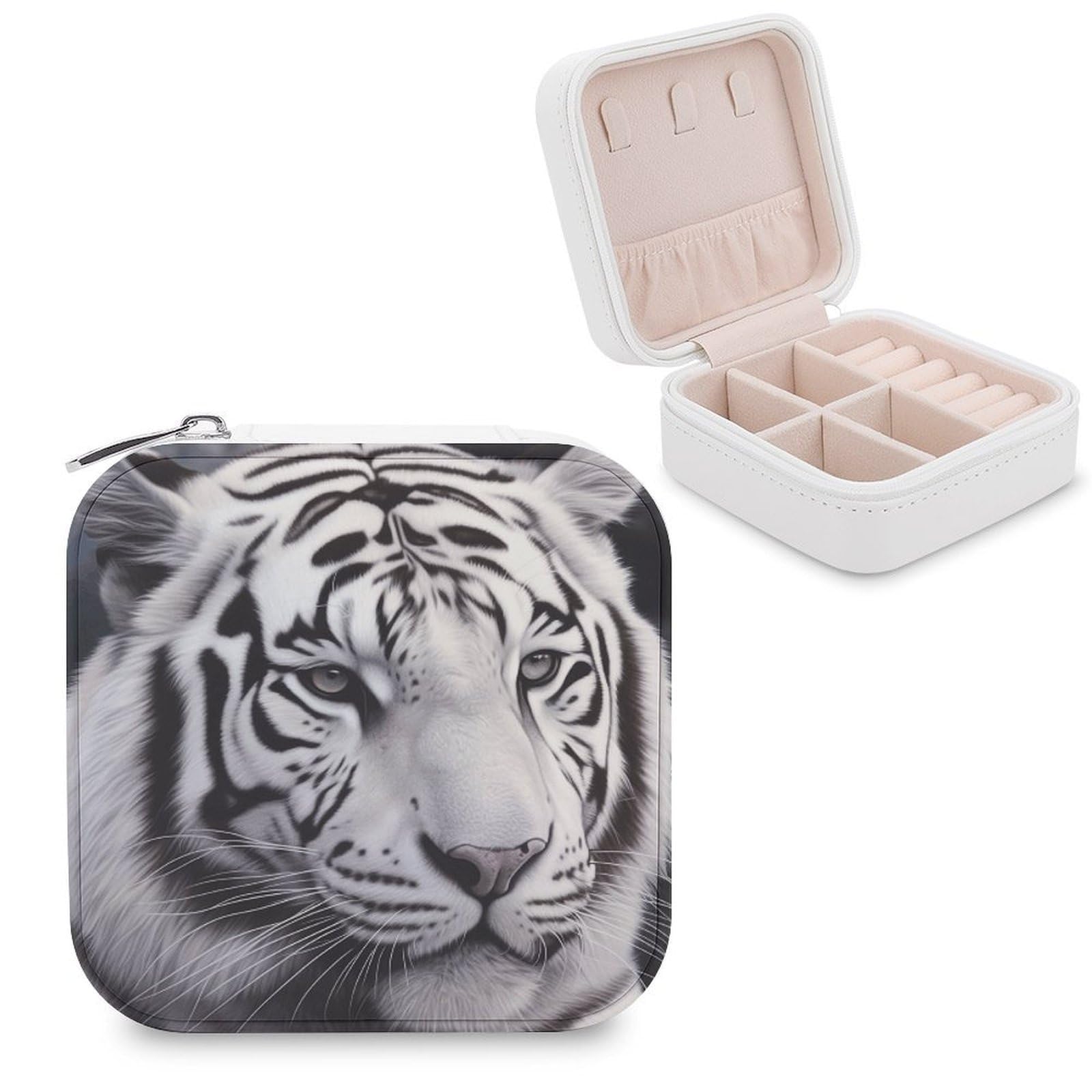VstaDank White Tiger Travel Jewelry Case Small Portable Jewellry Organizer Box PU Leather Organizer Boxes Personalized Jewellery Storage Holder Gift for Womens Rings Earrings