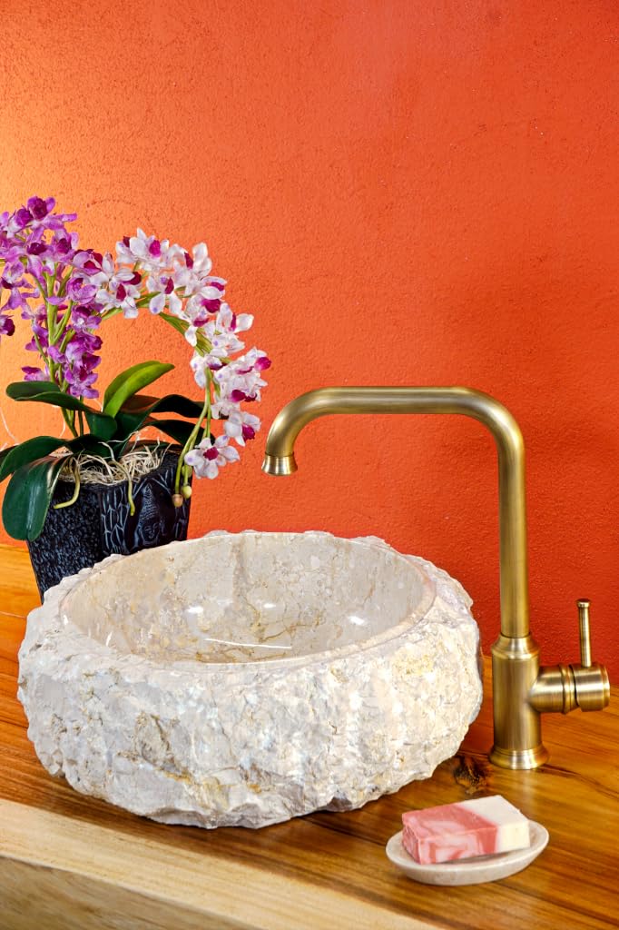 Kinaree Lavabo da appoggio in marmo in pietra di Bruchstein, lavabo autoportante in marmo chiaro (diametro 30 cm)