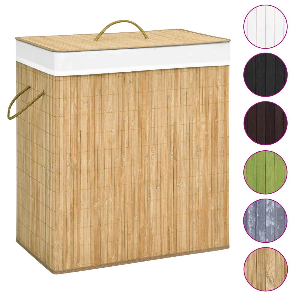 Cesto de bambú para la colada con 2 compartimentos de 100 litros de capacidad, bolsa interior extraíble y asas, cesta de almacenamiento plegable para la colada con forro interior transpirable