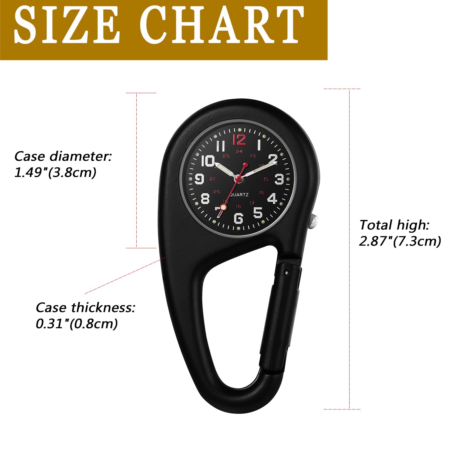 JewelryWe Montre à Mousqueton Analogique avec Aiguilles Lumineuses, 1ATM Etanche, Porte Clé pour Homme et Femme, Mince pour Sac à Dos, Idéal pour Activités Extérieures