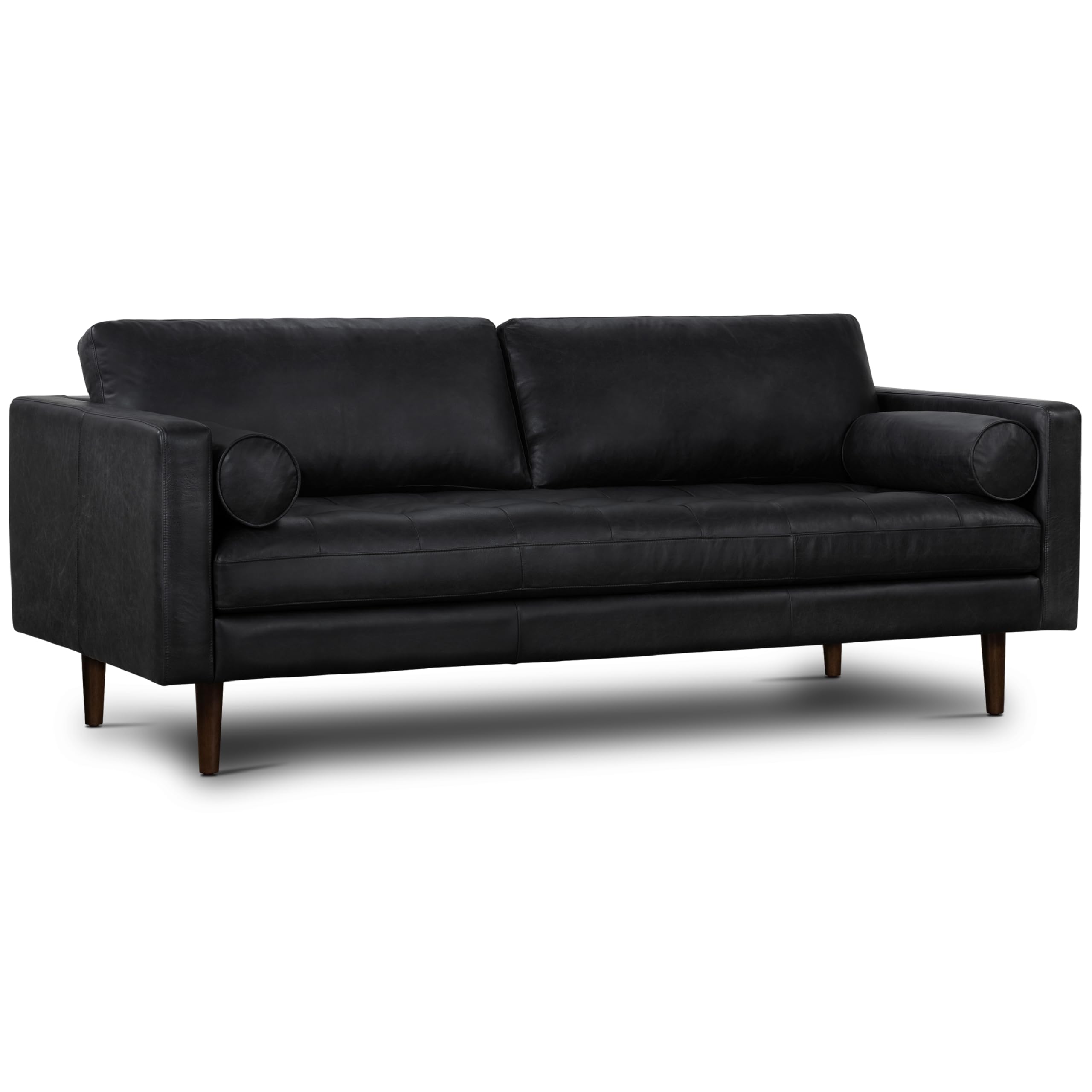 POLY & BARK Napa 88.5" Leather Sofa – Full-Grain Italian-Tanned Aniline Leather, Feather-Down Comfort, Solid Wood Frame, Walnut Legs, Onyx Black