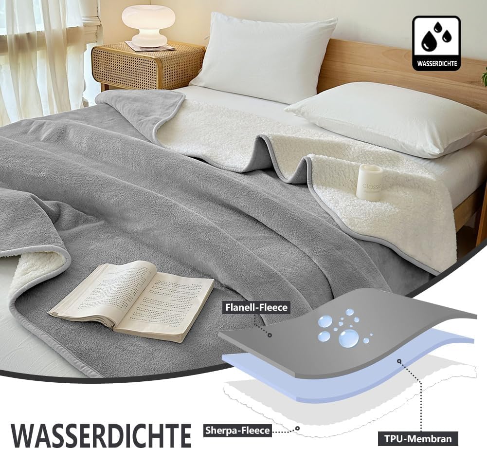 NSNLGSGC wasserdichte Decke 229x218cm, Liebesdecke für Paare, Verliebte, Erwachsene und Kinder, wasserdichte Decke aus Flanell-Sherpa, flüssig bis 1500g, grau
