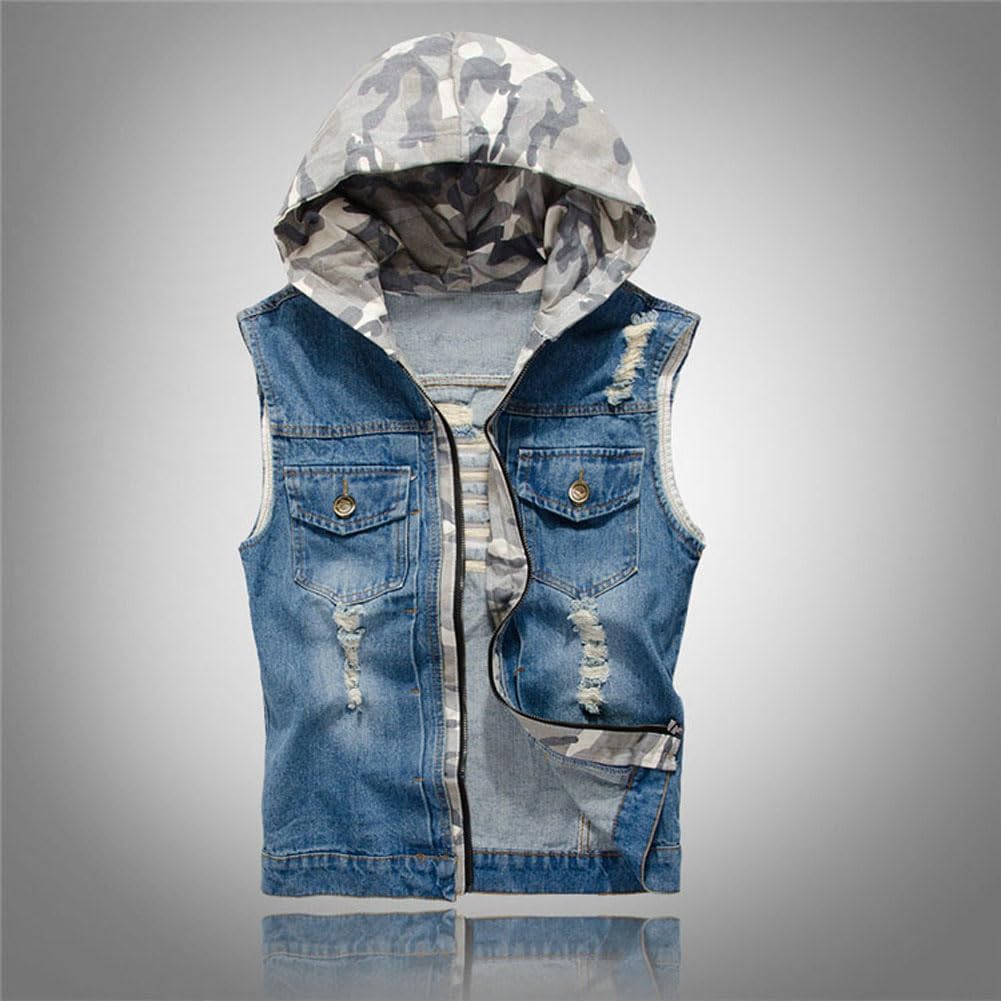 Denim Vest Men Ripped Distressed Destroyed Hooded Sleeveless Button Down Jean Vest