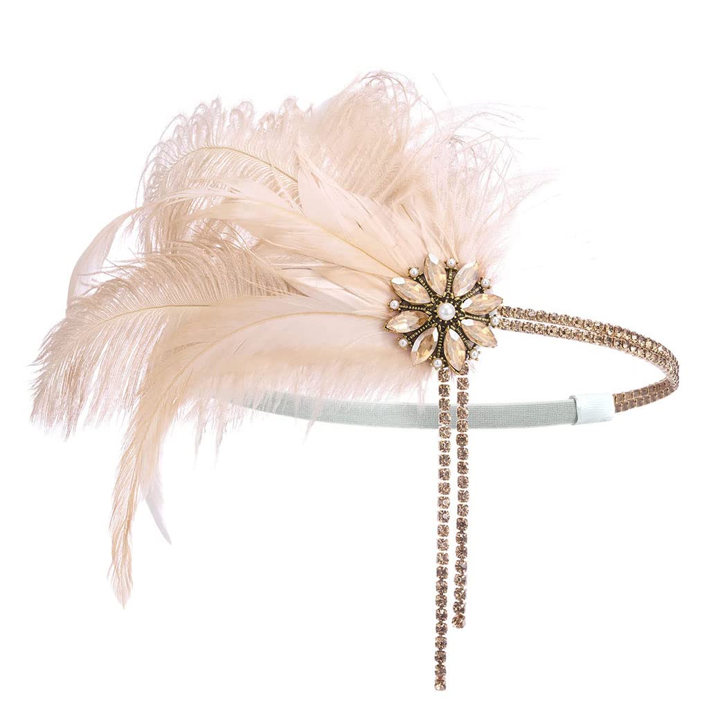 Yokawe 1920s Flapper Headband Feather Headpiece Rhinestone Great Gatsby Hair Accessories for Women (Champagne)