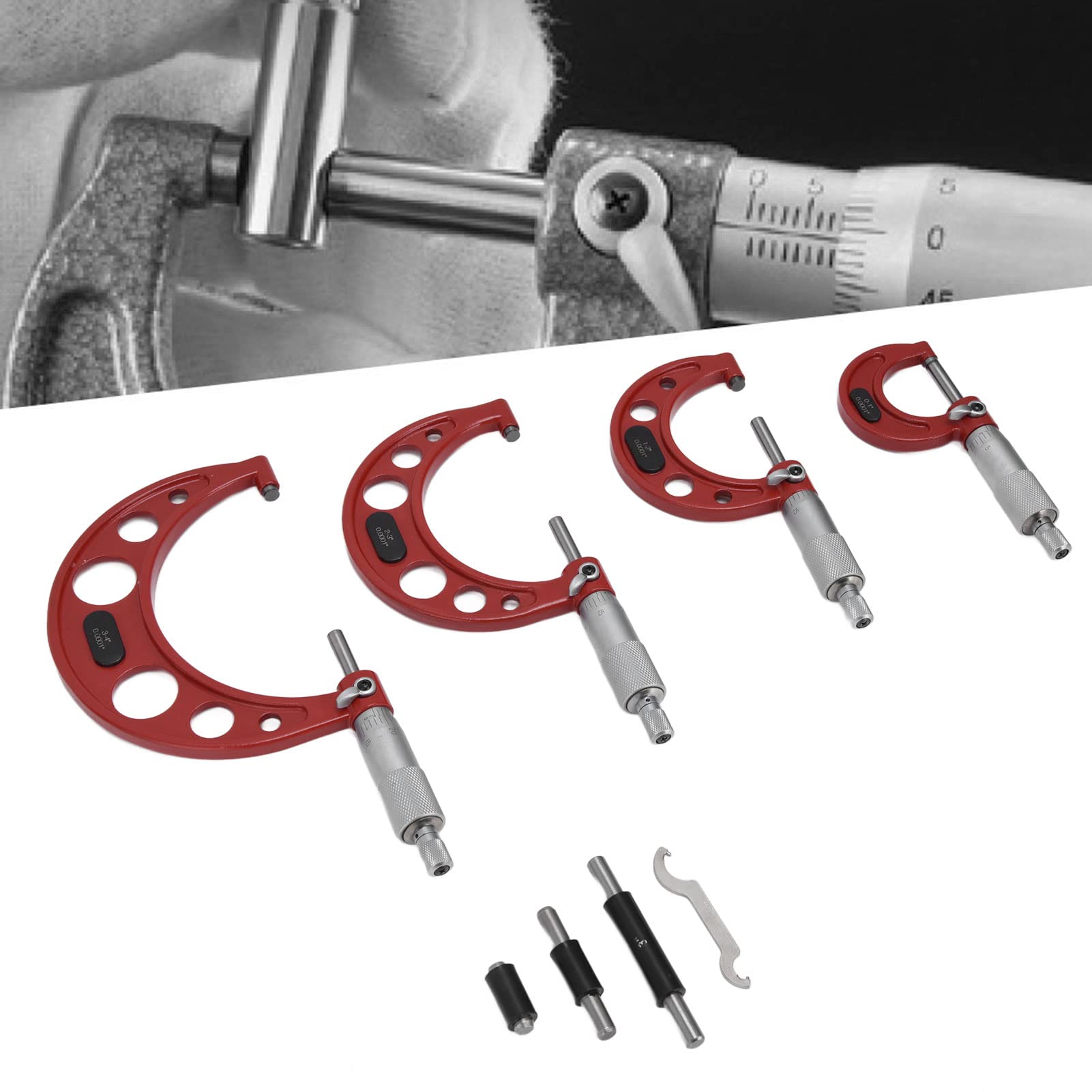 Set micrometro esterno 4 pezzi 0,0001 pollici Cricchetto con resistenza allo scivolamento inciso al in acciaio inossidabile con precisione per misurare diametro, spessore,