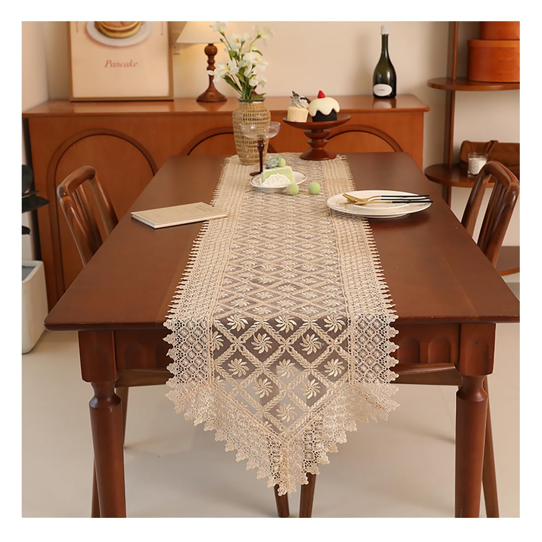 Chemin de Table en Tissu Transparent et Dentelle Premium Marron 40x180