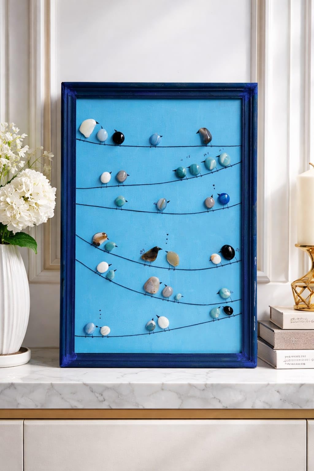 REWOOD BHARAT Handmade Pebble Art Birds on a Wire, 3D Stone Art, Blue Framed, Sea Glass Style, Nature-Inspired Wall Hanging for Home, Living Room, or Bedroom-image-47