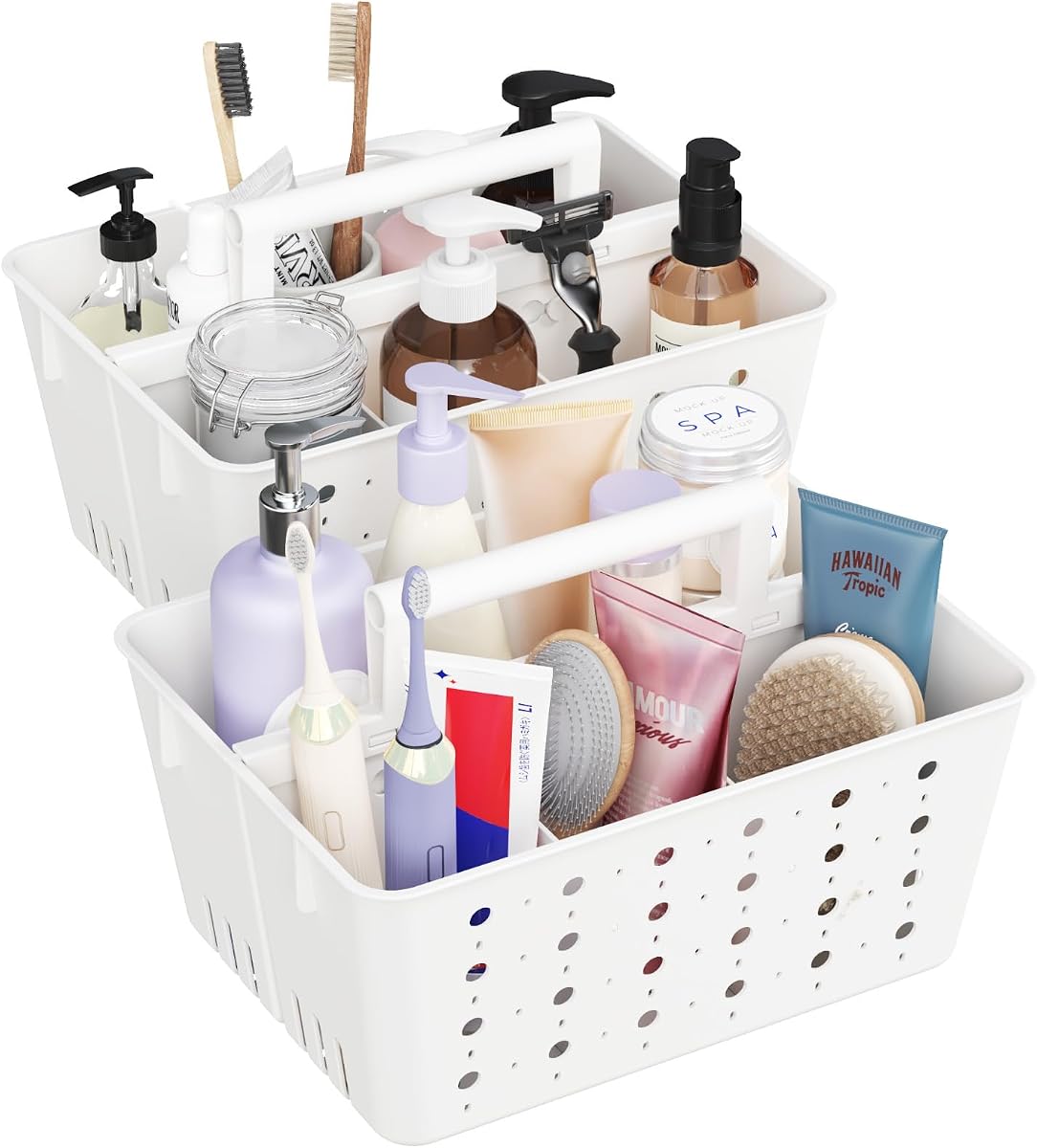 Portable Shower Caddy, Plastic Basket Organizer, White, 2 Pack | Adjustable Dividers, Drain Design, College Dorm Room Essentials with Handle, for Bathroom