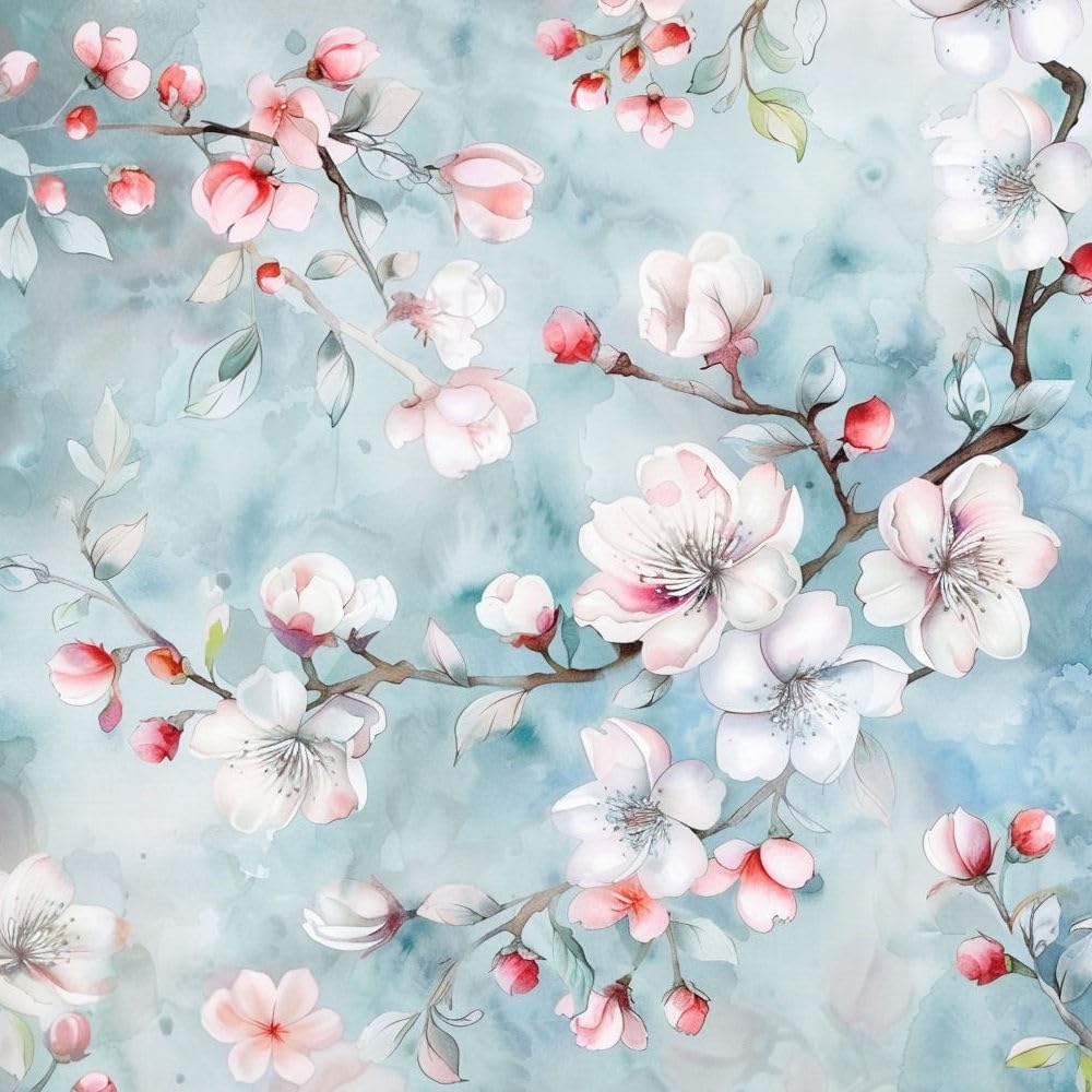 JIAOQSS Peel and Stick Wallpaper Watercolor Cherry Blossom Light Blue Self Adhesive Wallpaper Vinyl Wrap Roll for Furniture Removable Waterproof Renter Friendly Contact Paper Living Room Bedroom