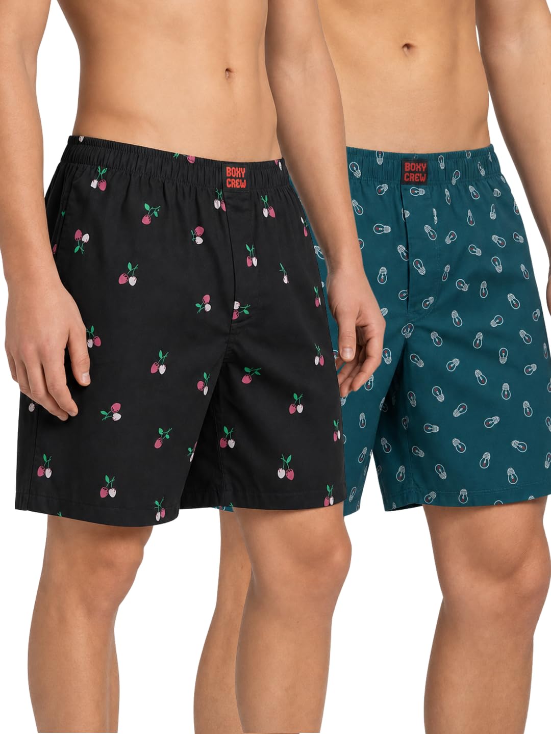 Men's 100% Cotton Printed Boxer Shorts Pack of 2 with Dual Side Pockets and Fabric-Covered Waistband - Black/Teal, Styles MBX024, MBX027-picture-52