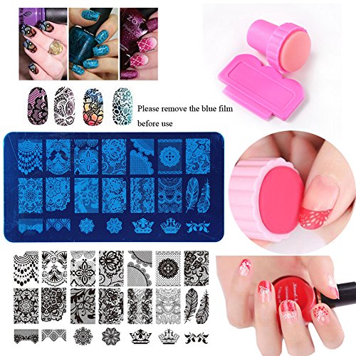 Nail Art Kit 3Pc Flower Animal Nail Stamping Plate, 2 Acrylic Nail Rhinestone Decoration, 5Pc Mandala Dotting Pen, 10Pc Holographic Nail Striping Tape Line With Pink Nail Stamper Scraper #TOP5