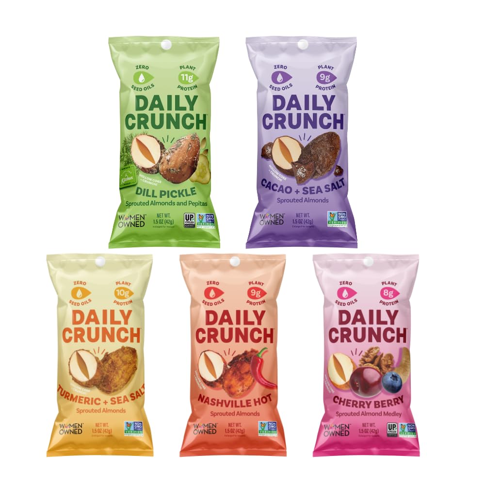 Daily Crunch Sprouted Almonds, 1.5 Ounce Mini, On-The-Go Bags, Sprouted and Dehydrated for a Unique Crunch, Keto Friendly, Non-GMO (5 Count) (1.5 Ounce, Variety Pack)