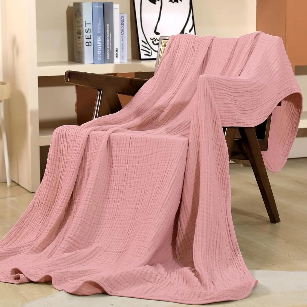 Musselin Decke, Sommerdecke Erwachsene,100% natürliche Musselin-Baumwolle, Atmungsaktive Weiche Tagesdecke Sofaüberwurf Couchdecke (Blau,Queen(150x200cm))