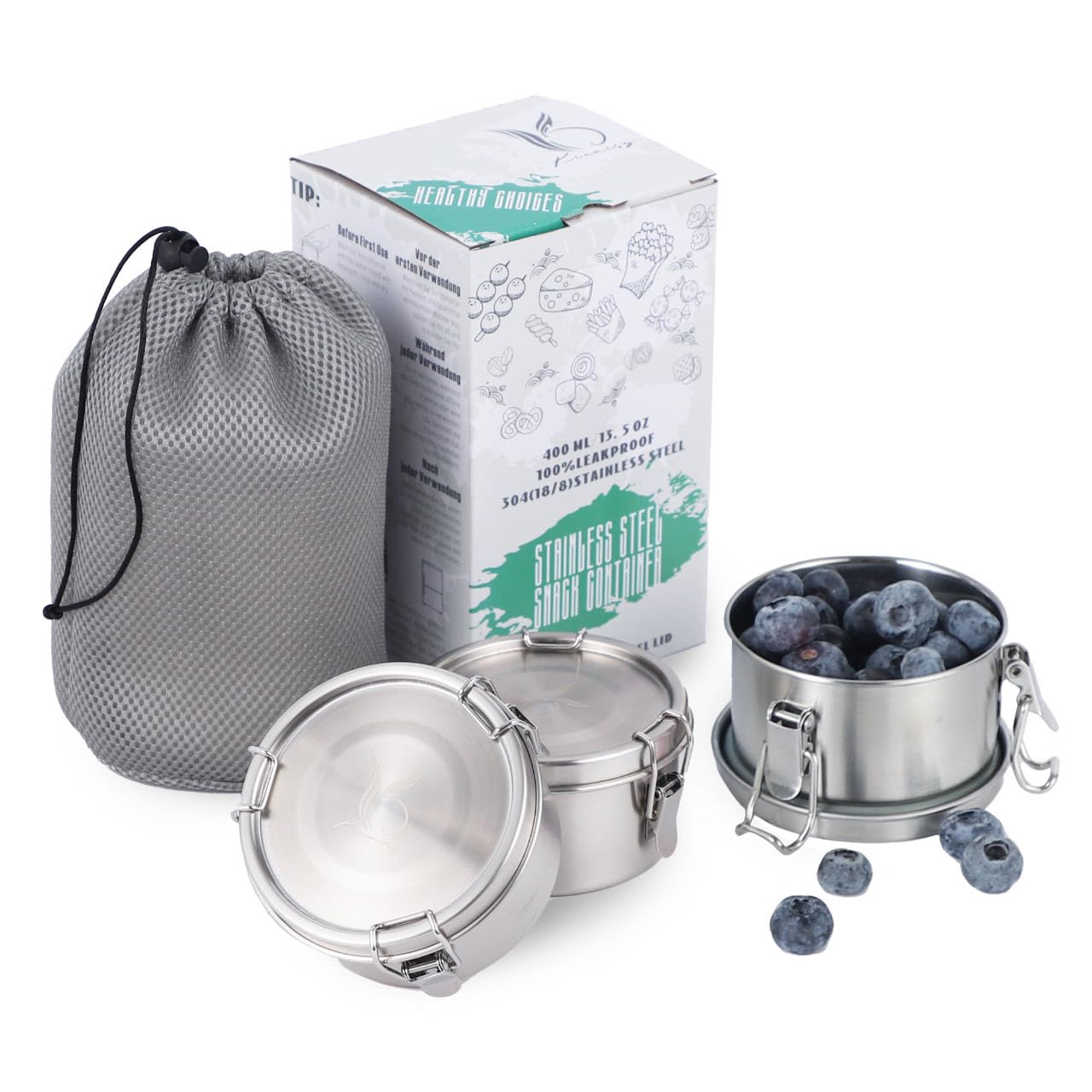 Edelstahl Dose (3 Stück), Lebensmittelbehälter Kinder, 400ml Klein Dosen, Snackbox, Aufbewahrungsdosen mit Deckel, Lunchbox Auslaufsicher Geeignet für Snacks, Obst, Müsli, Gewürz