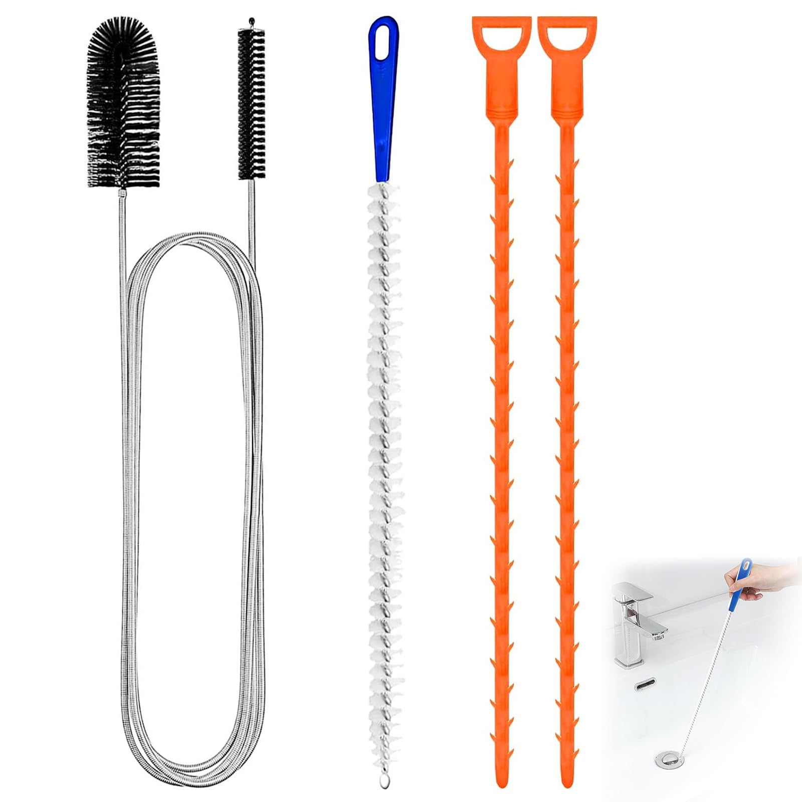 4 Piezas Desatascador Tuberias Profesional, Cepillo Desatascador de Fregadero para obstrucciones, Cepillo para desagües y Cepillo Limpiador de tuberías, Ideal para Cocina y baño