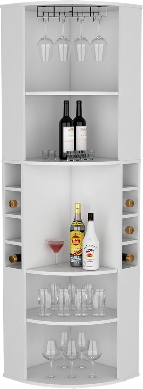 71" Corner Bar Cabinet with Five Shelves, Eight Bottle Cubbies and Stemware,White