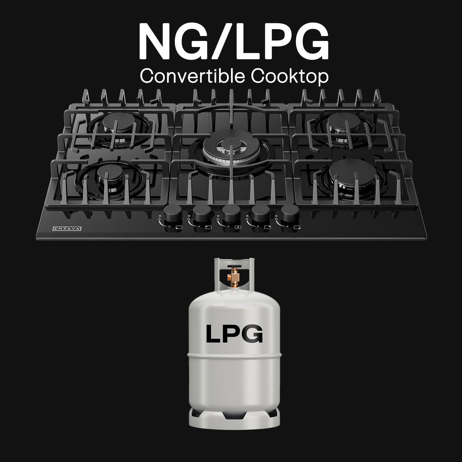 Empava 30 Inch Gas Stove Cooktop 5 Italy Sabaf Sealed Burners NG/LPG Convertible in Black Tempered Glass image 3 of 6 B0822DHJRN