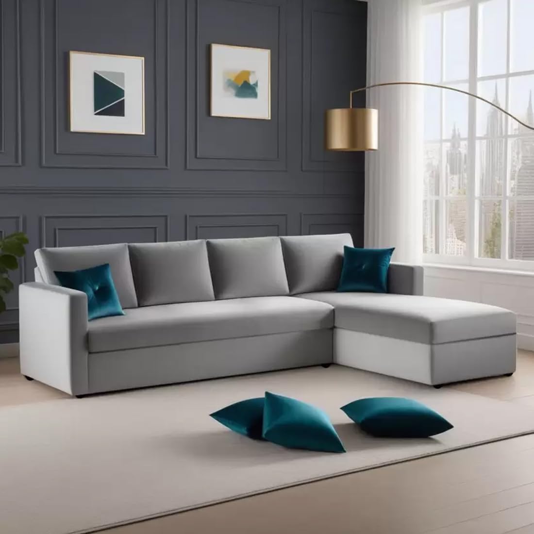 FURNY Arno 5 Seater Fabric RHS L Shape Sofa Set, Light Grey-image-34