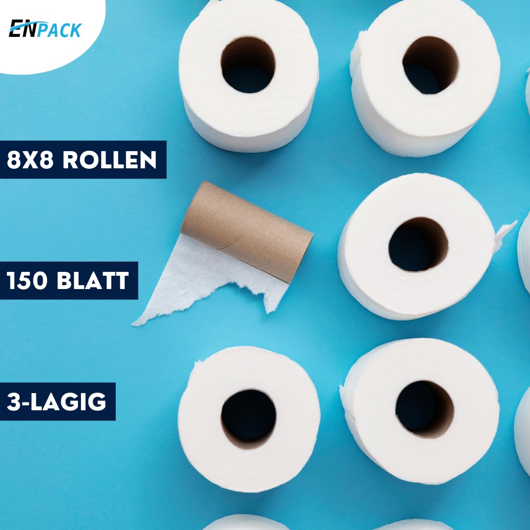 Enpack Toilettenpapier 64 Rollen, 150 Blatt pro Rolle - WC Papier 3-lagig Großpackung - 8x8 Rollen Klopapier passend für Klopapierhalter - toilet paper - Camping Toilettenpapier - weiche Abwischtücher
