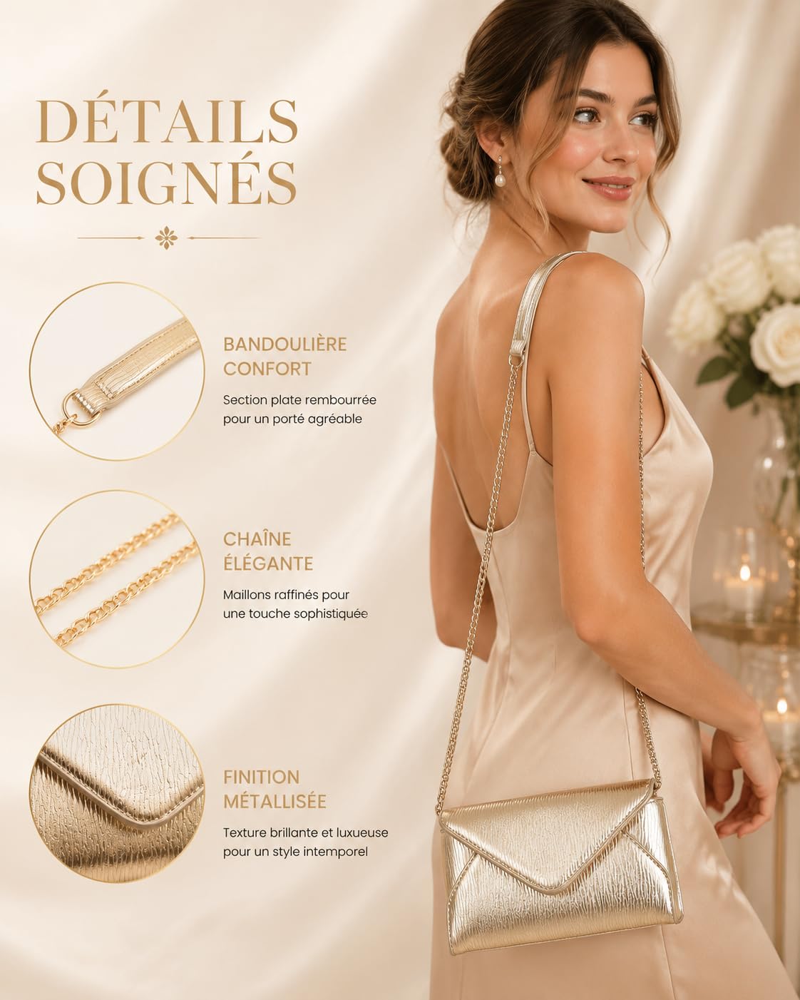 Healvian Pochette Soirée Femme Métallisée Sac Mariage Élégant Avec Chaîne | Mini Sac À Main Chic Pour Cocktail Et Cérémonie,Pochette Élégante Légère Avec Bandoulière Chaîne, Idéal Femme Invitée Mariage