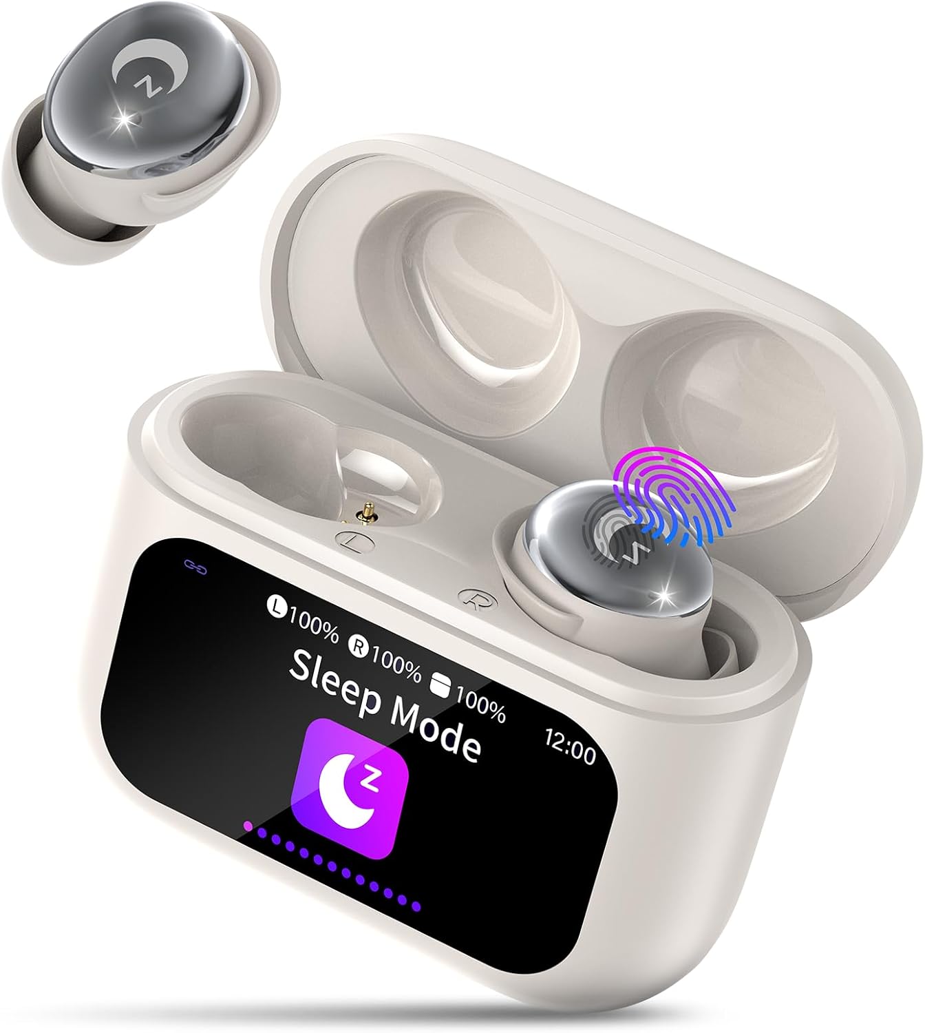 VEKJ Wireless Earbuds with Smart Touch Screen, Mini Sleep Earbuds Bluetooth 5.4 Headphones In Ear with Noise Cancelling Mic, 48H Bass Stereo Ear Buds, 5 EQ Modes/IP7 Waterproof Earphones Beige