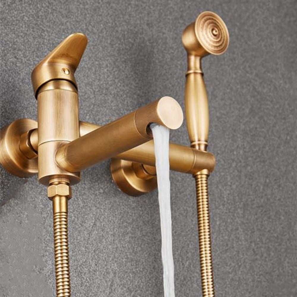 Grifo Mezclador para Bañera con Ducha, Grifo de Pared para Bañera de Latón Antiguo con Boca Giratoria a 90 ° Latón Cepillado Estilo Retro Caño Giratorio 18cm