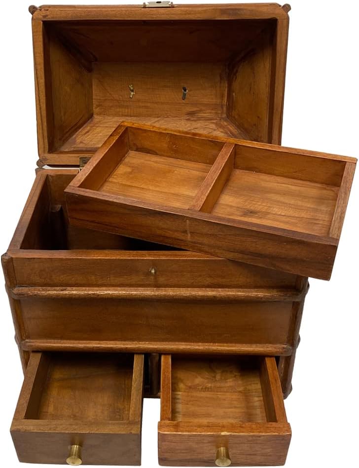 Portable British Campaign Chest – Antique Reproduction Wooden Jewelry Storage Box with Drawers, Brass Hardware, Vintage Military Travel Desk Organizer