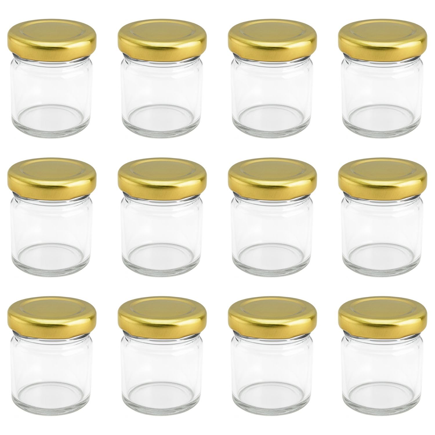 Bramley & Sage 42ml 1.5oz Miniature Round Glass Jam Jars with Gold Twist-Off Lids Wedding Favours (Set of 12)