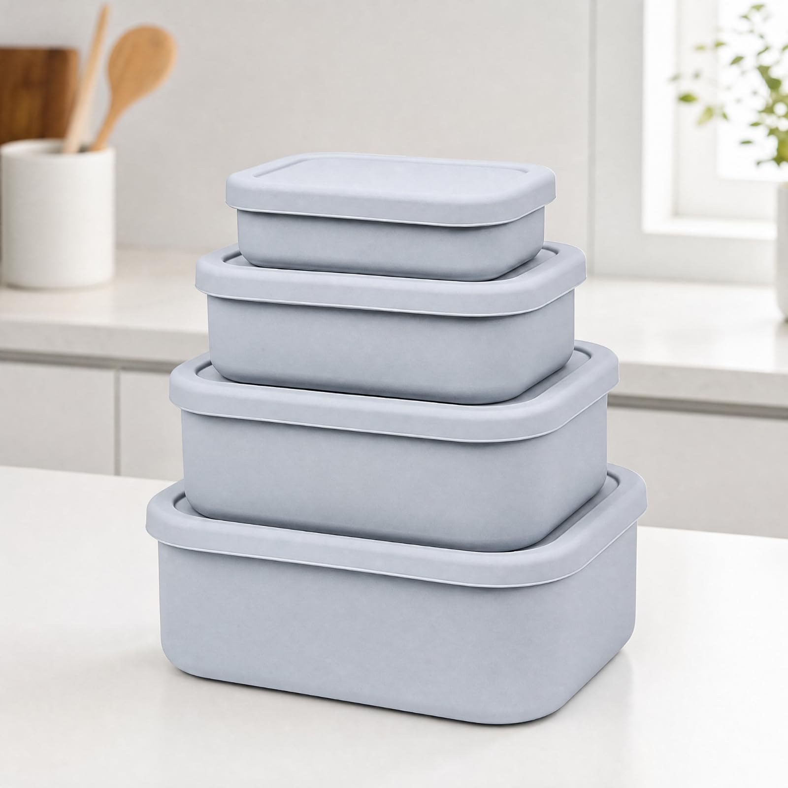 4 Piezas Recipien Rectangular Silicona con Tapa Apilable Taper Silicona Reutilizable Flexible Envase para Exriores, Beige