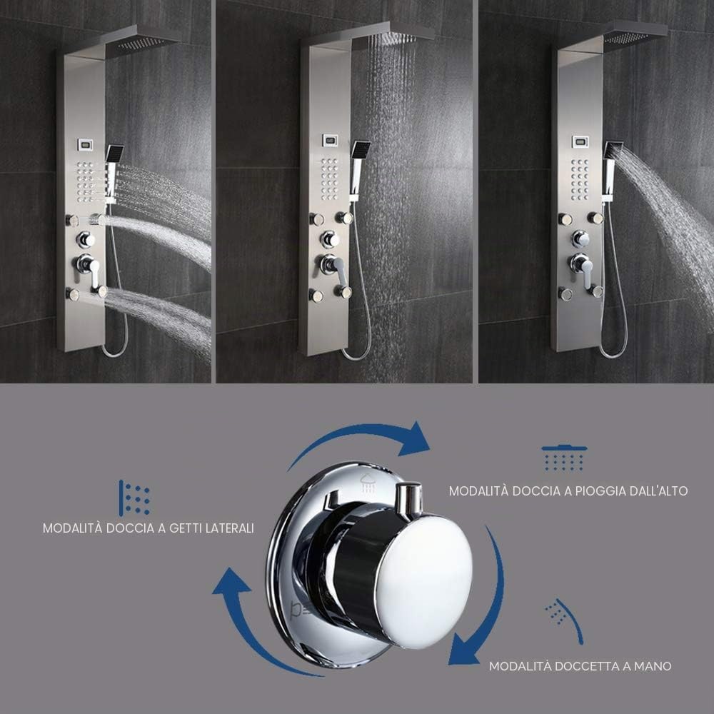 Auralum Colonna Doccia Idromassaggio 4 Funzioni con Soffione Doccia e Doccetta, Pannello Doccia Idromassaggio con Display LCD, Pannello Doccia con Miscelatore in 304 Acciaio Inox per Bagno