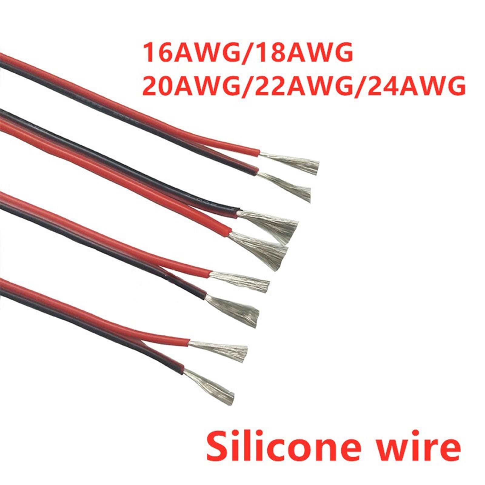 Cable Flexible 1 Meter 2 Conductor Parallel Line, 2pin Extension Cable, 16AWG to 24 AWG Cord, Silicone Electrical Wire, Black and Red Wire Extension Connector(Size:16AWG)
