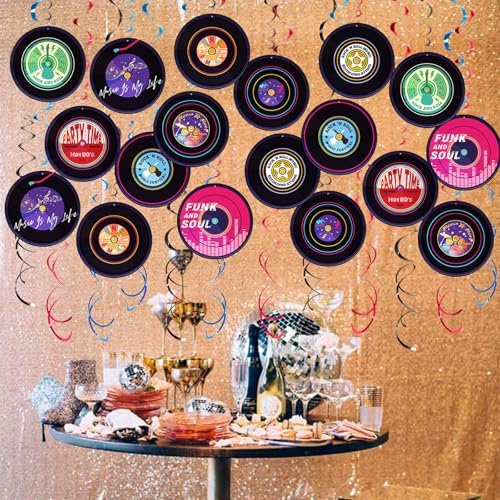 Image of Rock and Roll Record Party Hanging Swirls, 48 Pcs, Music Theme Disco Party Decorations, Vinyl Record Design for 90s Or 50s Style Rock Music Dj Party Supplies, Black and Multicolor