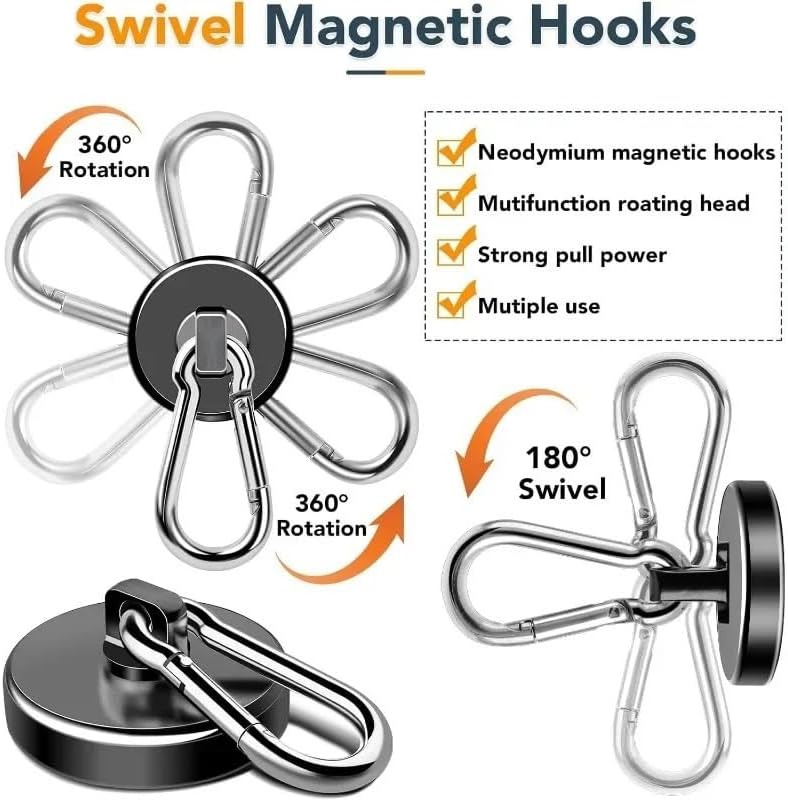 Heavy Duty 360° Rotating Magnetic Hook, Wall Mounted Key Coat Hanger Carabiner Multi-Purpose(Black,6PCS)