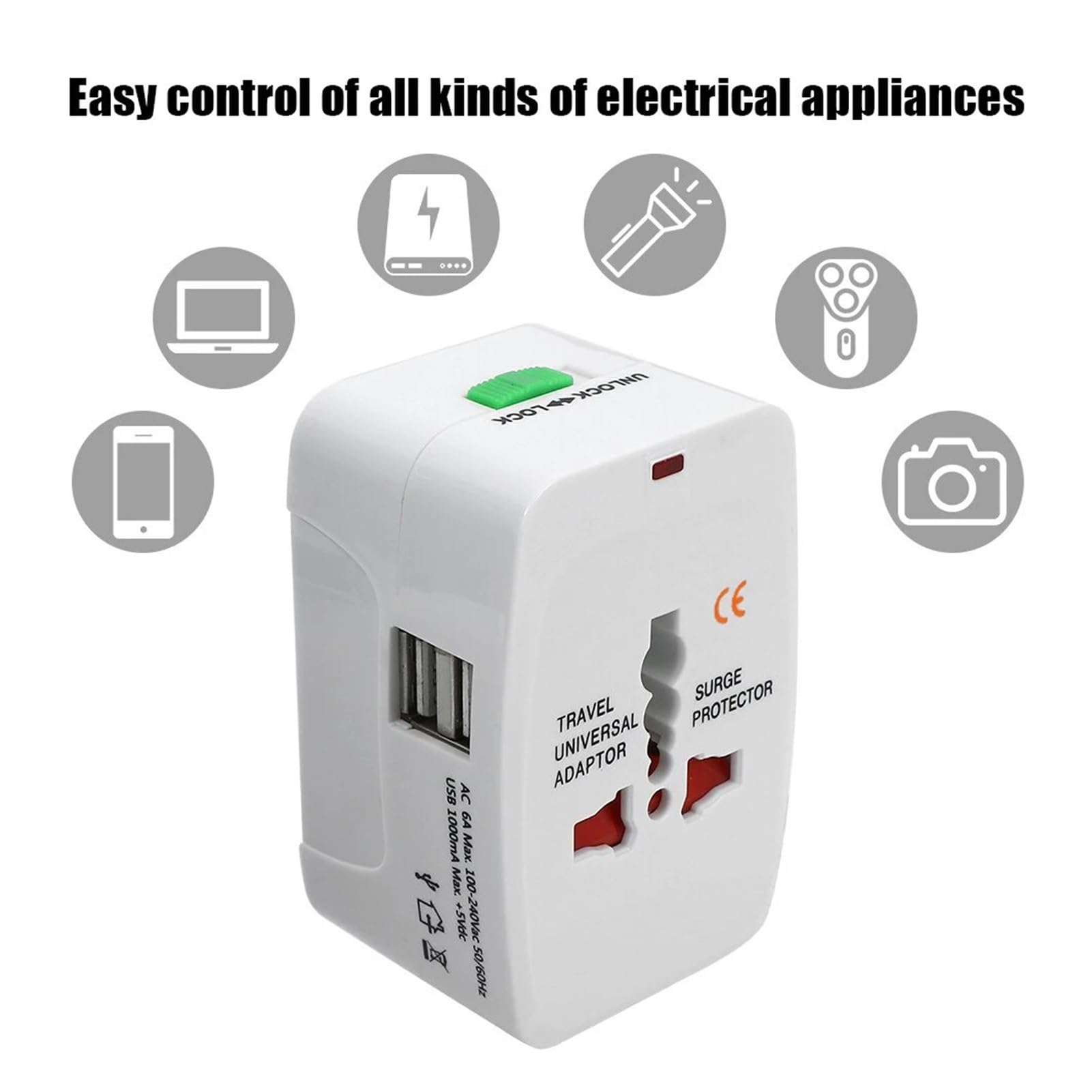 Universeller Steckeradapter AU/US/UK/EU mit 2 USB-C-Anschlüssen | Reiseadapter mit AU/US/UK/EU-Steckern. Enthält 2 USB-C-Anschlüsse. CE-zertifiziert.(White 2USB)