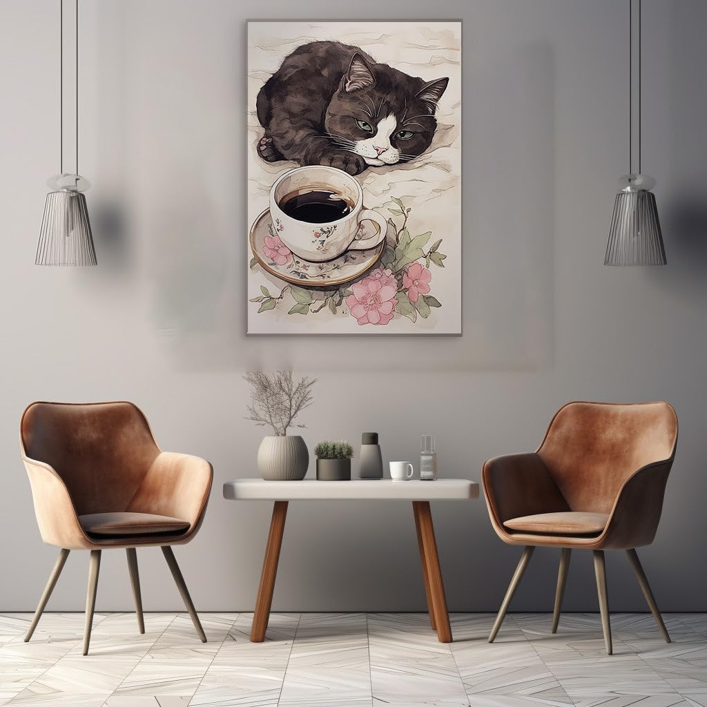 Canvas for Living room. Whiskers and Warmth: A Watercolor Fusion of Feline Serenity and Coffee Comfort, 27 x 18 inch Canvas Wall Art - Ready to Hang - 69x46 cm (27x18 inch)