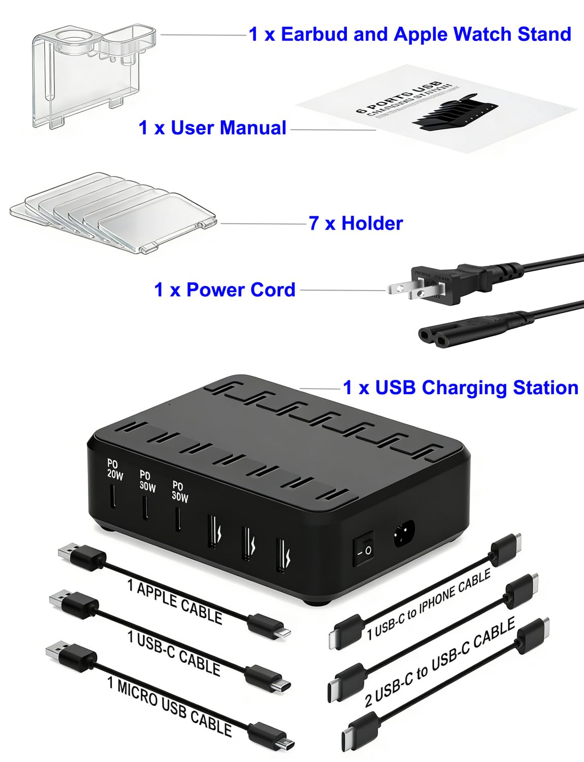 Stazione di ricarica per più dispositivi, stazione di ricarica rapida USB-C a 6 porte per iPad, iPhone, Android, telefoni cellulari, tablet, organizer per più dispositivi (6 cavi corti inclusi)