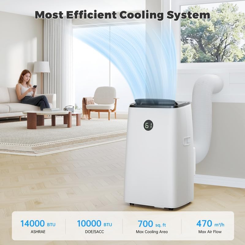 14000BTU Portable Air Conditioners with Remote Control, Dehumidifier & Fan Mode, Floor Stand up Cooling Portable AC Unit for Large Room up to 700 sq.ft, Sleep,Timer & Auto Swing Function