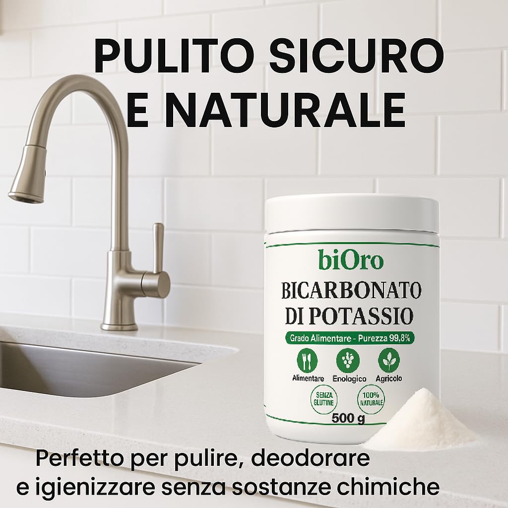 BICARBONATO DI POTASSIO Alimentare biOro 99,8% – 500g – Regolatore Acidità, Antifungino Naturale, Uso Enologico e Agricolo – Grado Alimentare Qualità Premium – Senza Glutine