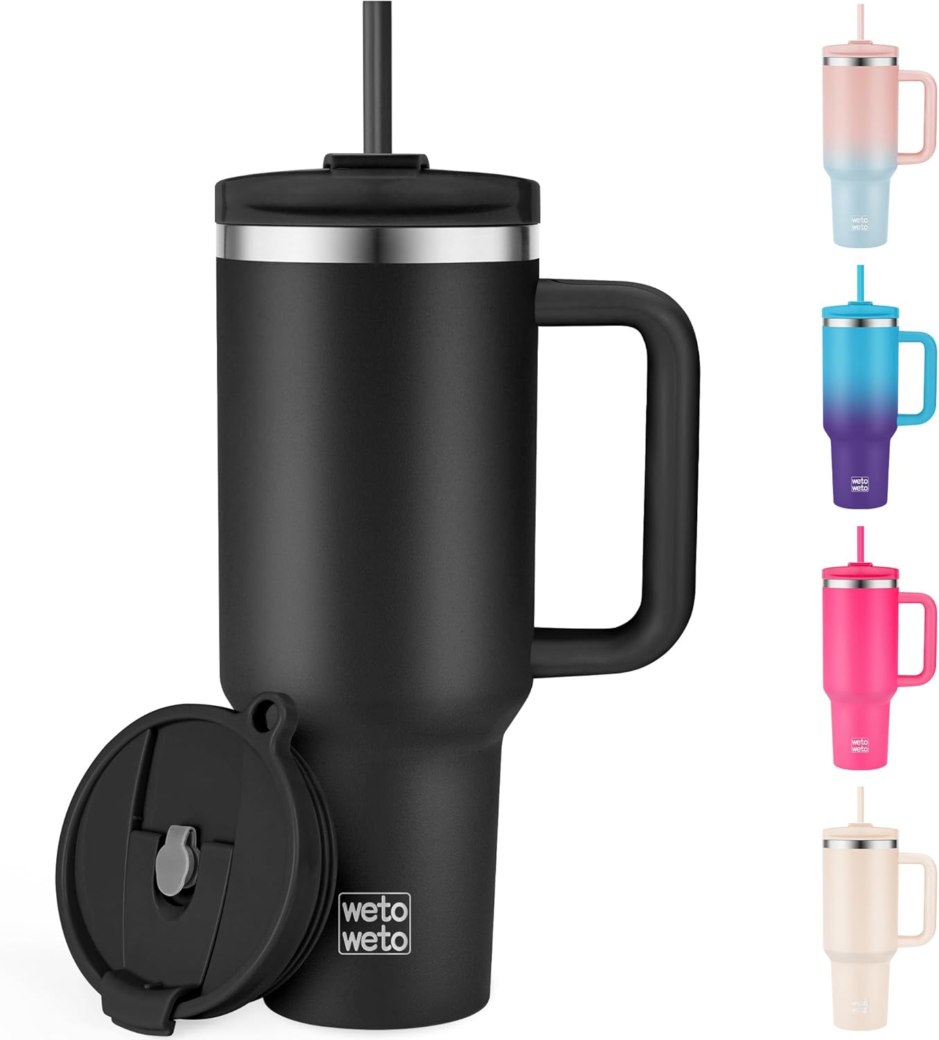 WETOWETO 40oz Tumbler with Handle and Lid | 100% Leakproof Insulated Stainless Steel Travel Mug | Keeps Cold 34Hrs/Hot 10Hrs | Dishwasher Safe, Fits Car Cup Holder (Midnight Black Color)