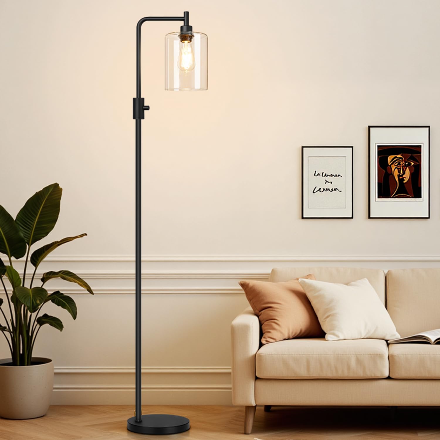 Photo 1 of ?Upgraded?Dimmable Floor Lamp for Living Room with Glass Shade, Black Modern Industrial Floor Lamp with 900LM LED Bulb Included, Bright Standing Tall Lamp for Bedroom, Office, Reading Room, Corner