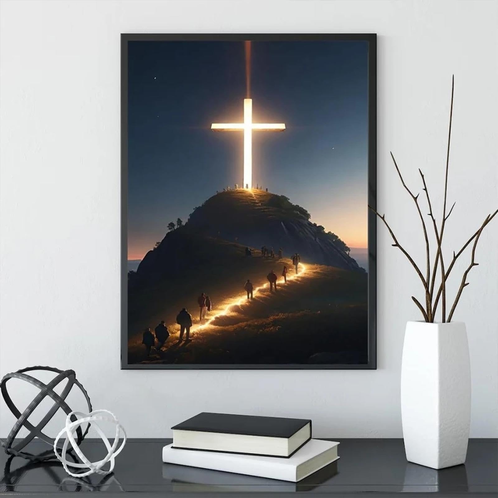 lianyibo Cruz cristiana moderna en la cima de la montaña, arte mural, lienzo, pintura, Jesús, creyentes, carteles, hogar, iglesia, decoración, marco de 80 x 140 cm