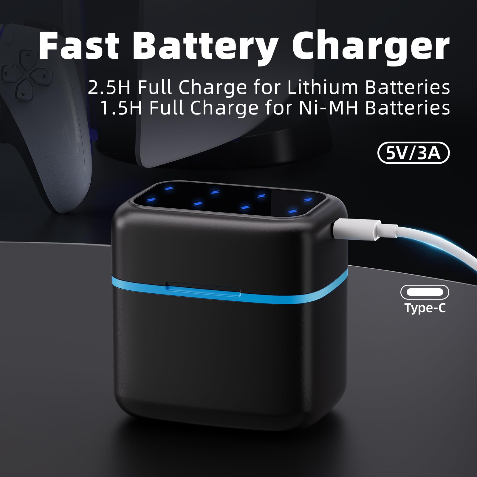 Cargador rápido de batería AA, se adapta a 1,2 V Ni-MH/Ni-CD y batería de litio de 1,5 V, viene con 8 paquetes de baterías recargables de iones de litio AA, 1,5 V 3600 mWh, 2000+ ciclos