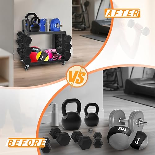 Miniatura 5 de Soporte para mancuernas solamente, estante de almacenamiento de equipos de gimnasio en casa con cubiertas de goma y ruedas, diseño compacto de