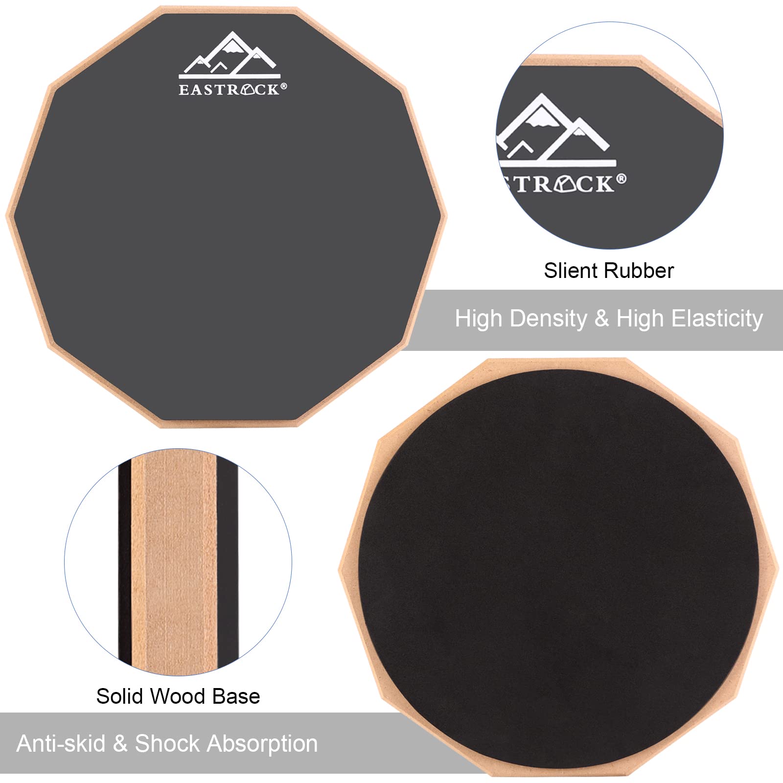 EASTROCK Schlagzeug-Übungspad,Drum Practice Pad 12 Zoll doppelseitig Kieselgel Übungspad mit Snare Drum Ständer Rucksack Drumsticks für erwachsene Anfänger Grau