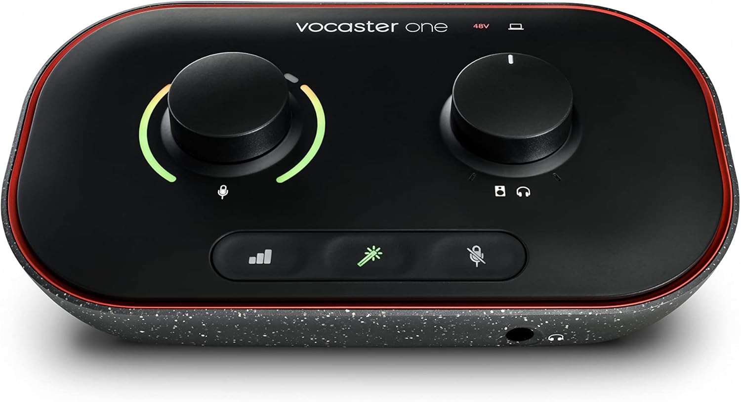 Focusrite Vocaster One: interfaz de pódcast para grabar como un creador independiente. Utiliza las funciones de Auto Gain, Enhance y silencio para facilitar la grabación de pódcast, nero