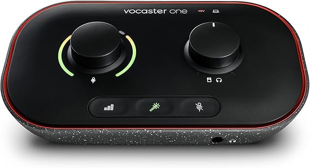 Focusrite Vocaster One  Podcasting Interface for Recording as a Solo Creator. Use Auto Gain, Enhance, and Mute for Easy Podcasting. Small, Lightweight, and Powered by Computer