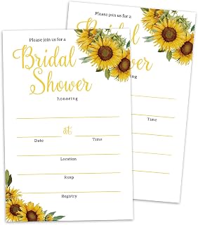 Set of 25 Bridal Shower Sunflower Invitations with Envelopes, Modern Invites for Bridal Shower, Wedding Party Invitations, Fill in Style Invites Cards -008