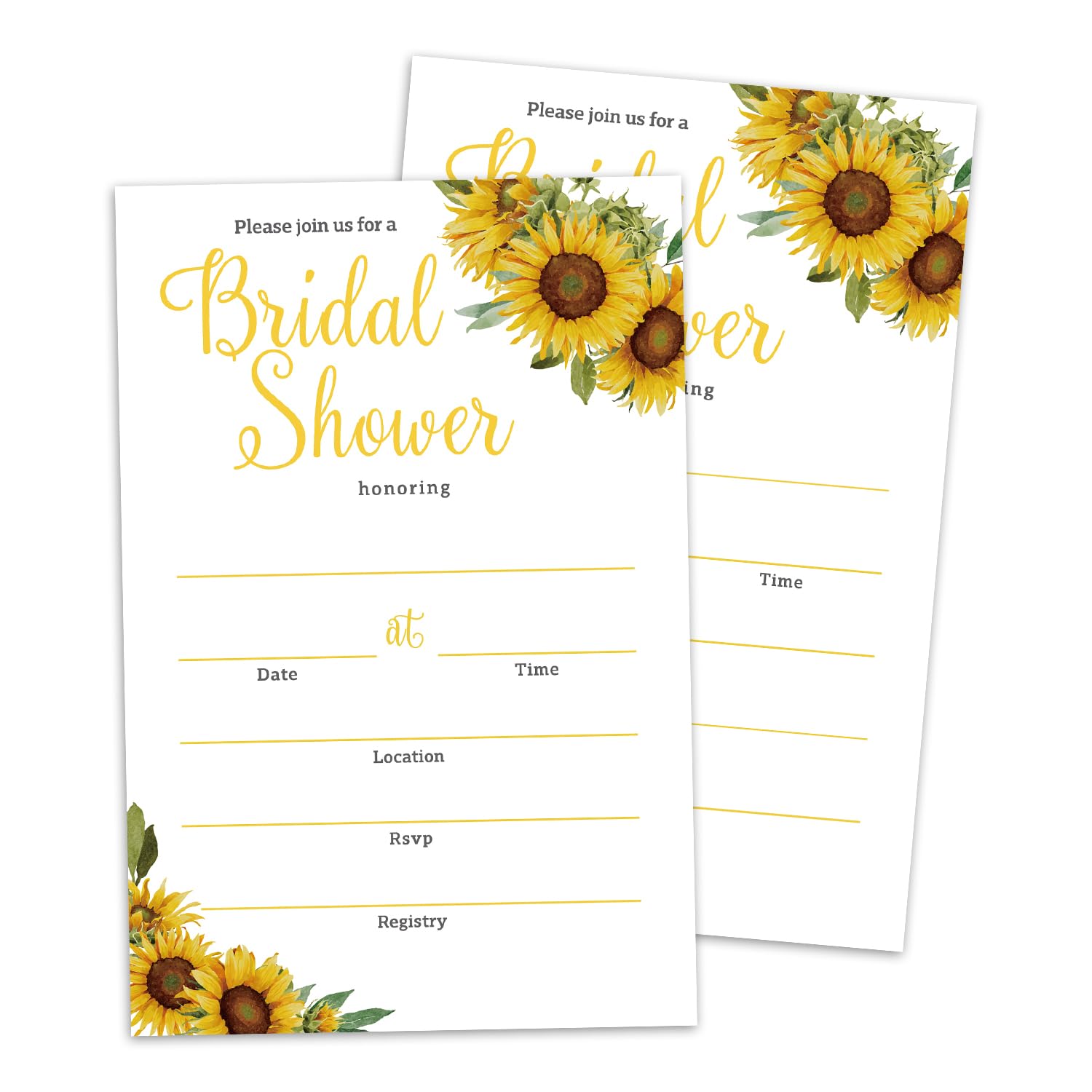 Set of 25 Bridal Shower Sunflower Invitations with Envelopes, Modern Invites for Bridal Shower, Wedding Party Invitations, Fill in Style Invites Cards