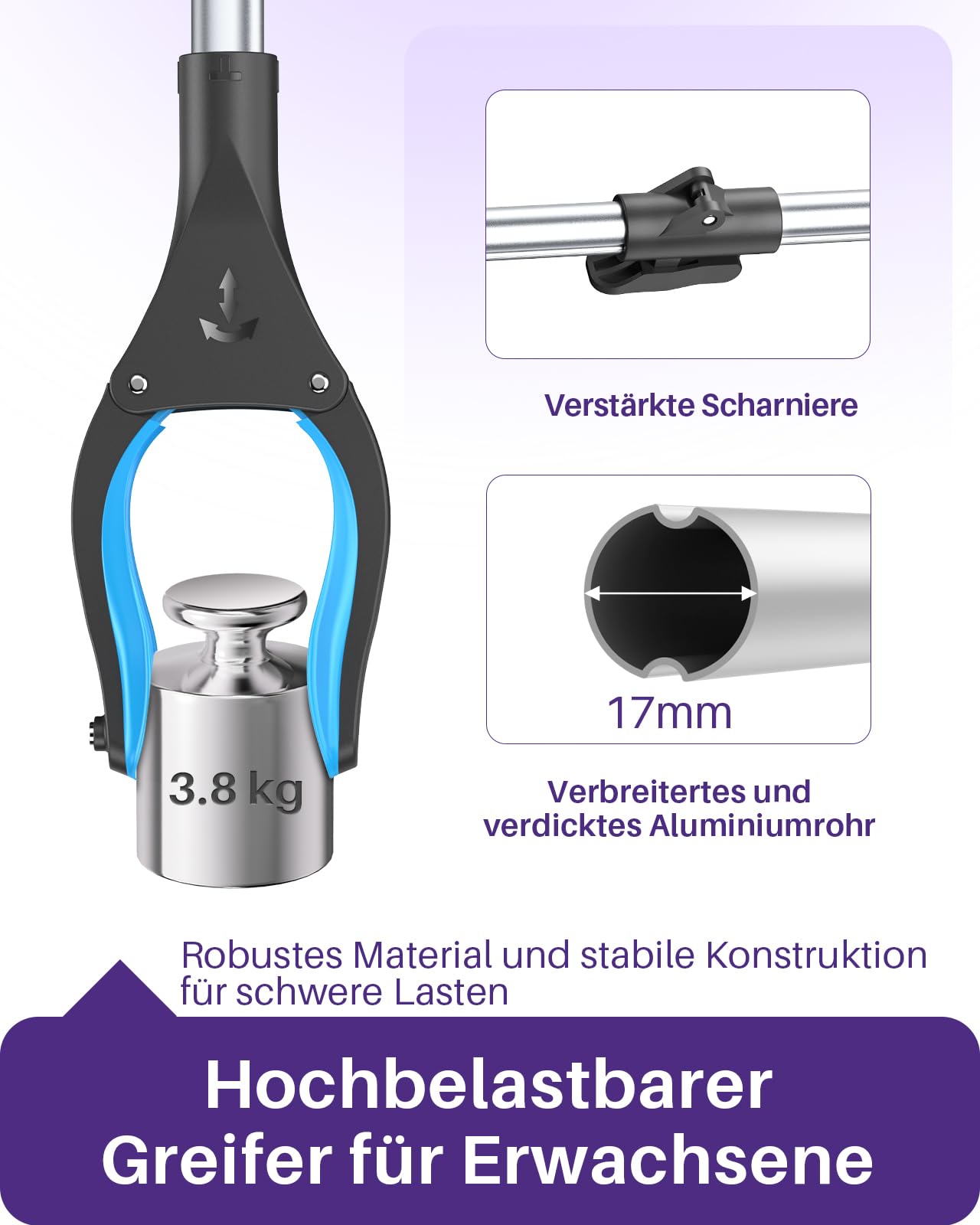 KEKOY Greifer für Senioren Testsieger 110cm Robuste Aluminium, Müllzange Greifzange Profi, Extra Langer Greifarm, Faltbare Greifer für Menschen mit Magnetspitzen(Eisblau)