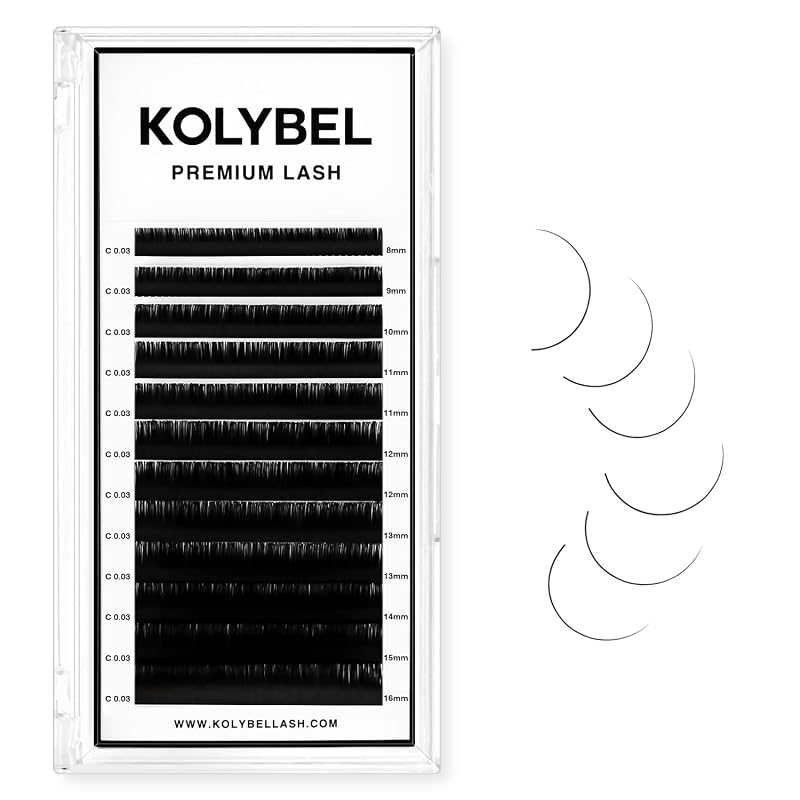 Extensões de cílios clássicas Kolybel em PBT preto, curvatura C, espessura 0.03 e comprimento 13 mm